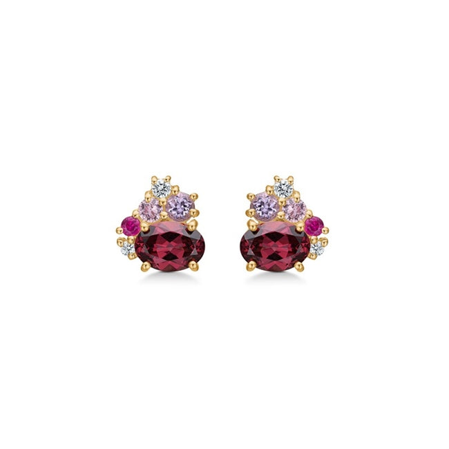 Four Seasons Autumn øreringe fra Mads Z i 14 kt guld med granat, pink safir, rubin, pink ametyst og diamanter fra Gold Label-kollektionen.